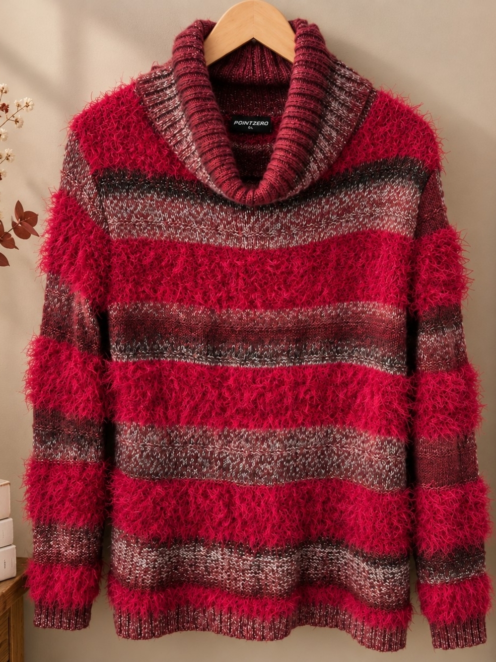 Point Zero L Burgundy Fuzzy Stripe Cowl Neck Sweater Textured Cozy Knit